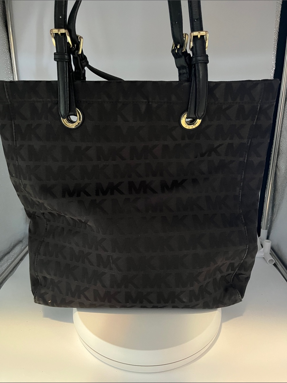 Michael Kors Black MK Jacquard Tote with Gold Accents